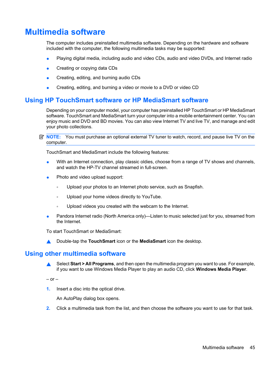 Multimedia software, Using other multimedia software | HP Pavilion dv3-2202tu Entertainment Notebook PC User Manual | Page 55 / 138