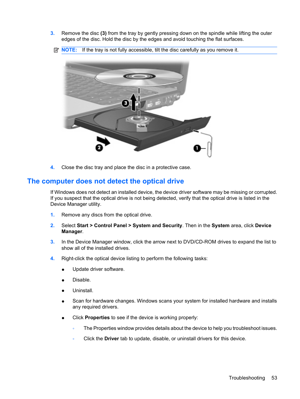 The computer does not detect the optical drive | HP Pavilion dv3-2202tu Entertainment Notebook PC User Manual | Page 63 / 138