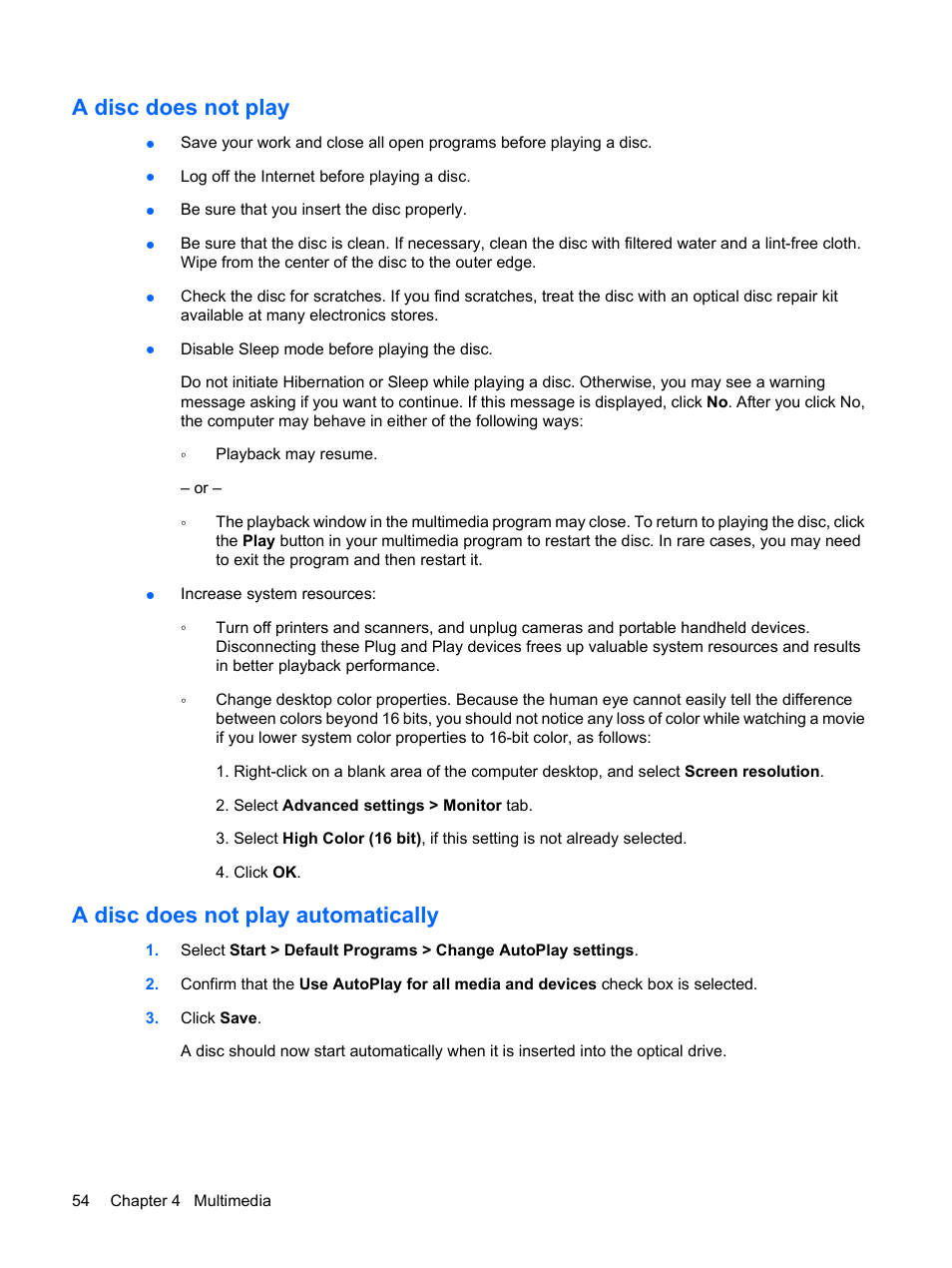 A disc does not play, A disc does not play automatically | HP Pavilion dv3-2202tu Entertainment Notebook PC User Manual | Page 64 / 138