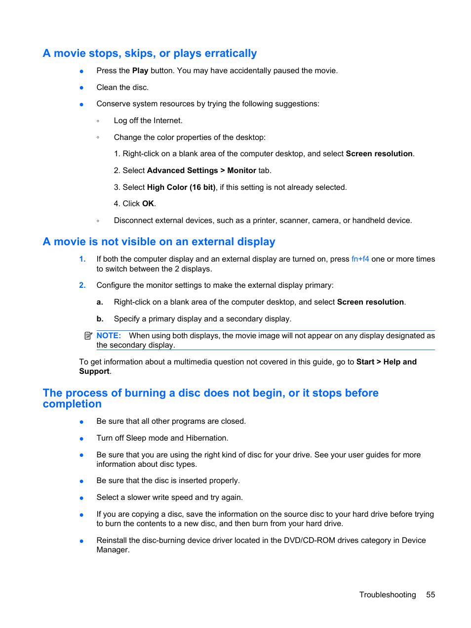 A movie stops, skips, or plays erratically, A movie is not visible on an external display | HP Pavilion dv3-2202tu Entertainment Notebook PC User Manual | Page 65 / 138