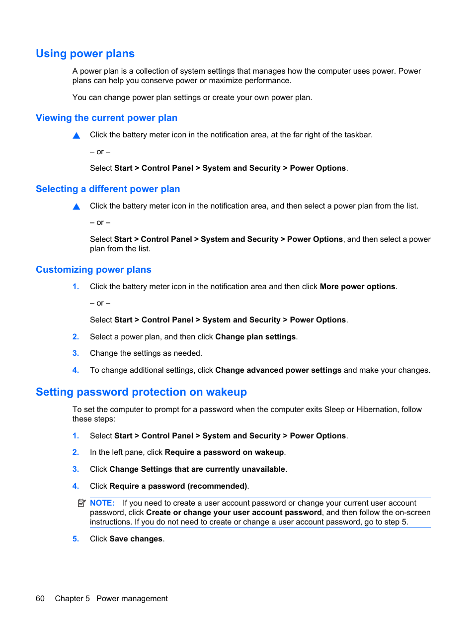 Using power plans, Viewing the current power plan, Selecting a different power plan | Customizing power plans, Setting password protection on wakeup | HP Pavilion dv3-2202tu Entertainment Notebook PC User Manual | Page 70 / 138