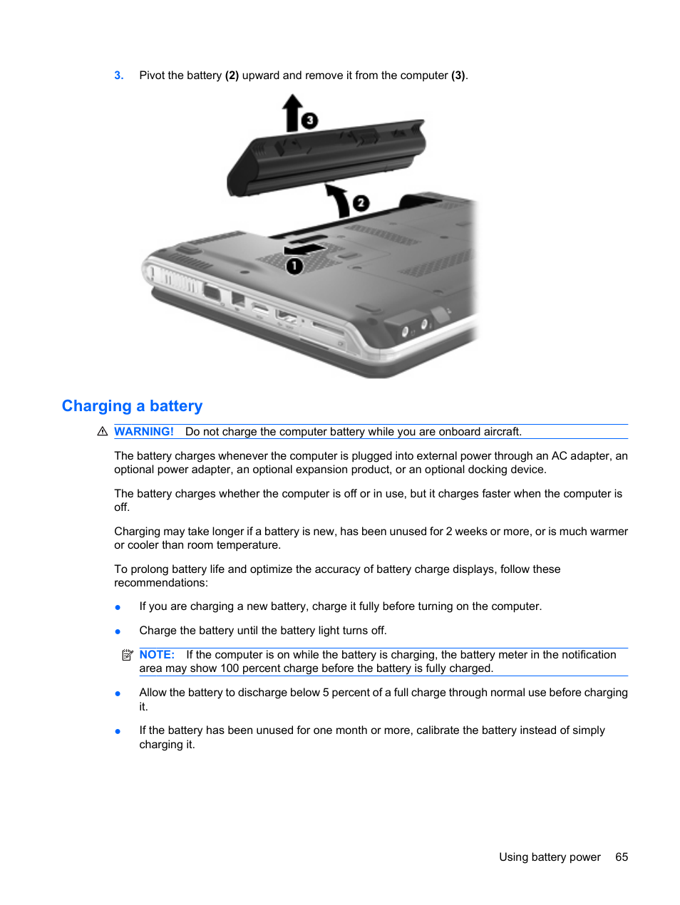 Charging a battery | HP Pavilion dv3-2202tu Entertainment Notebook PC User Manual | Page 75 / 138