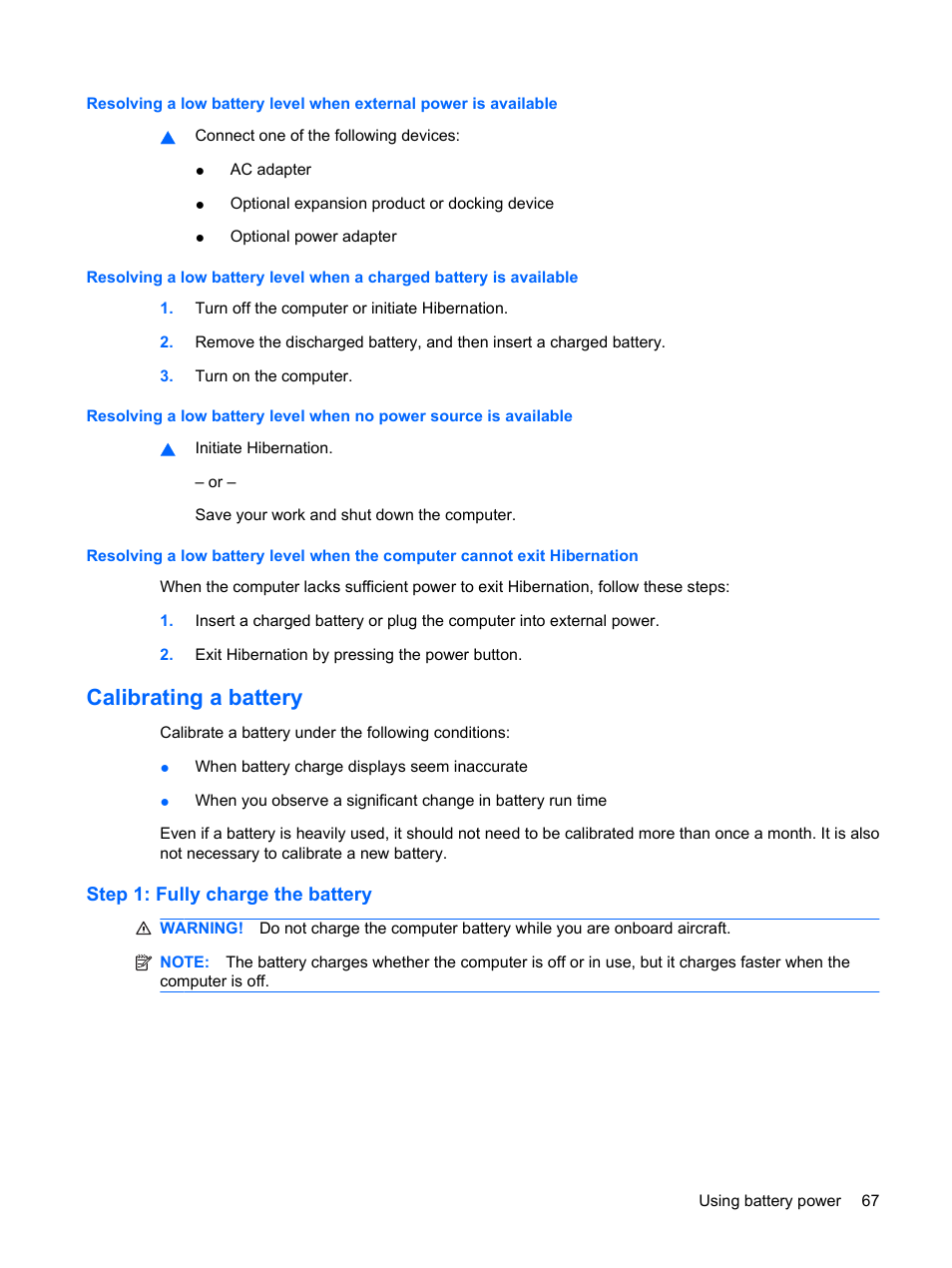 Calibrating a battery, Step 1: fully charge the battery | HP Pavilion dv3-2202tu Entertainment Notebook PC User Manual | Page 77 / 138
