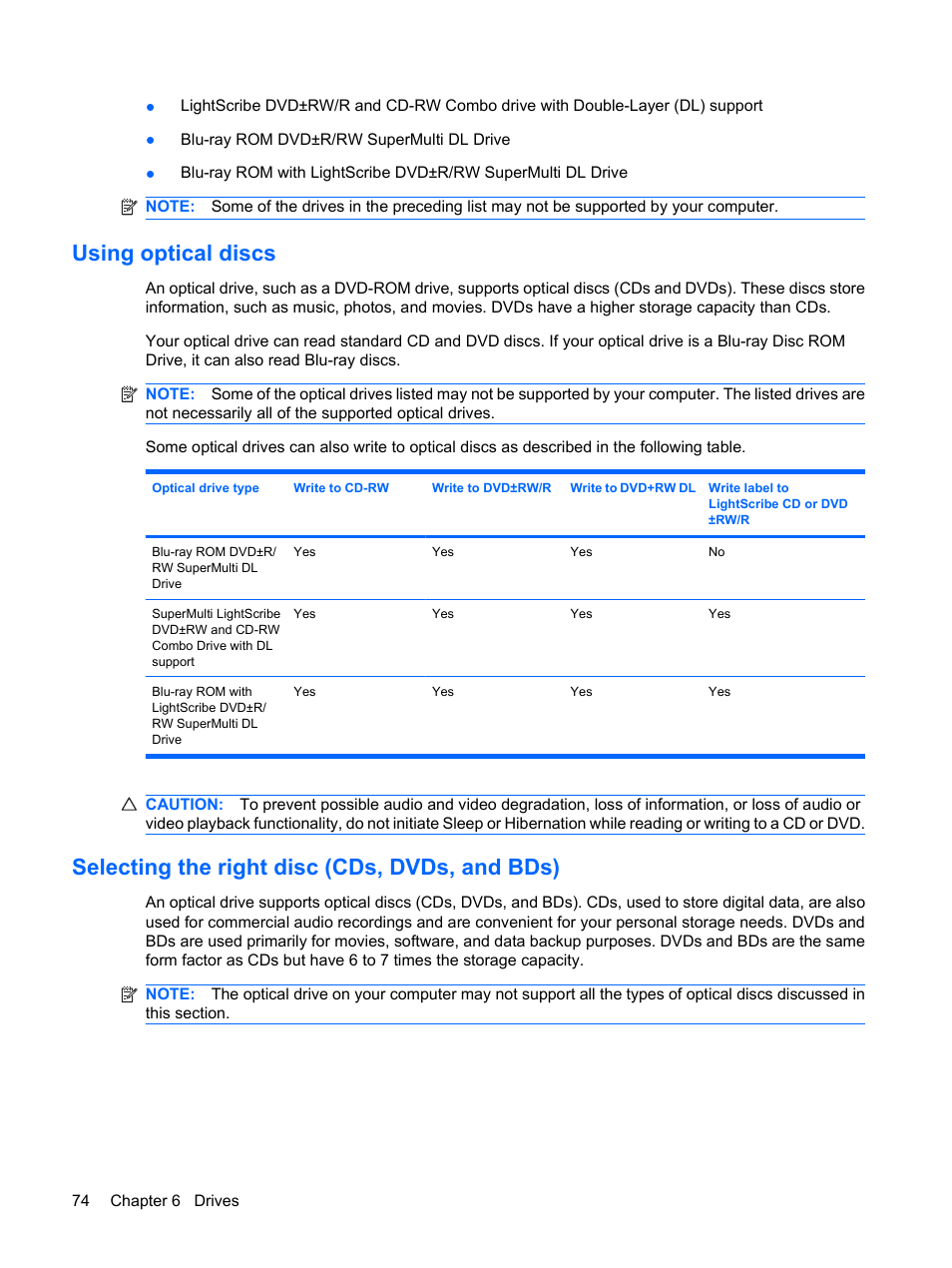 Using optical discs, Selecting the right disc (cds, dvds, and bds) | HP Pavilion dv3-2202tu Entertainment Notebook PC User Manual | Page 84 / 138