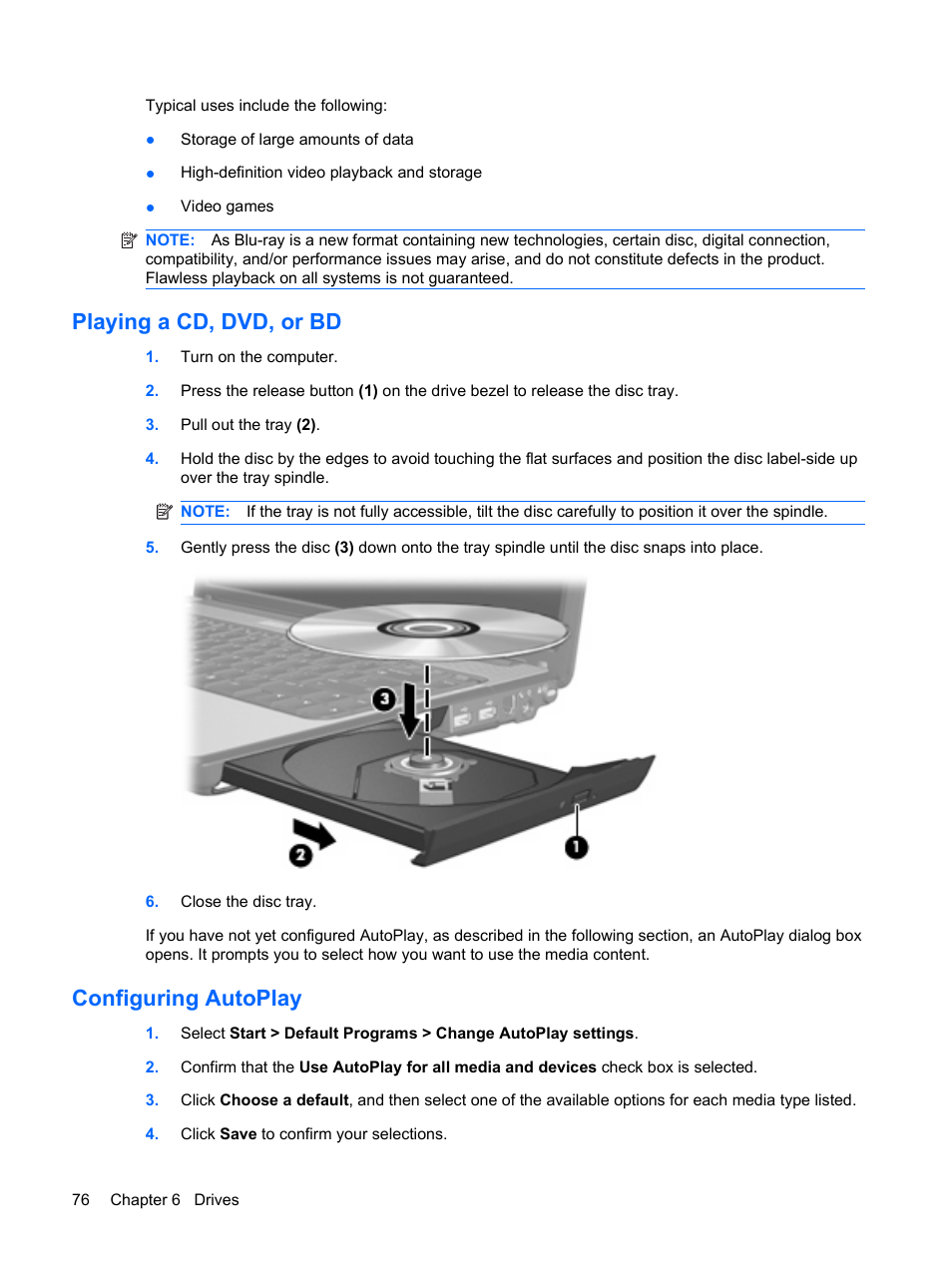 Playing a cd, dvd, or bd, Configuring autoplay, Playing a cd, dvd, or bd configuring autoplay | HP Pavilion dv3-2202tu Entertainment Notebook PC User Manual | Page 86 / 138