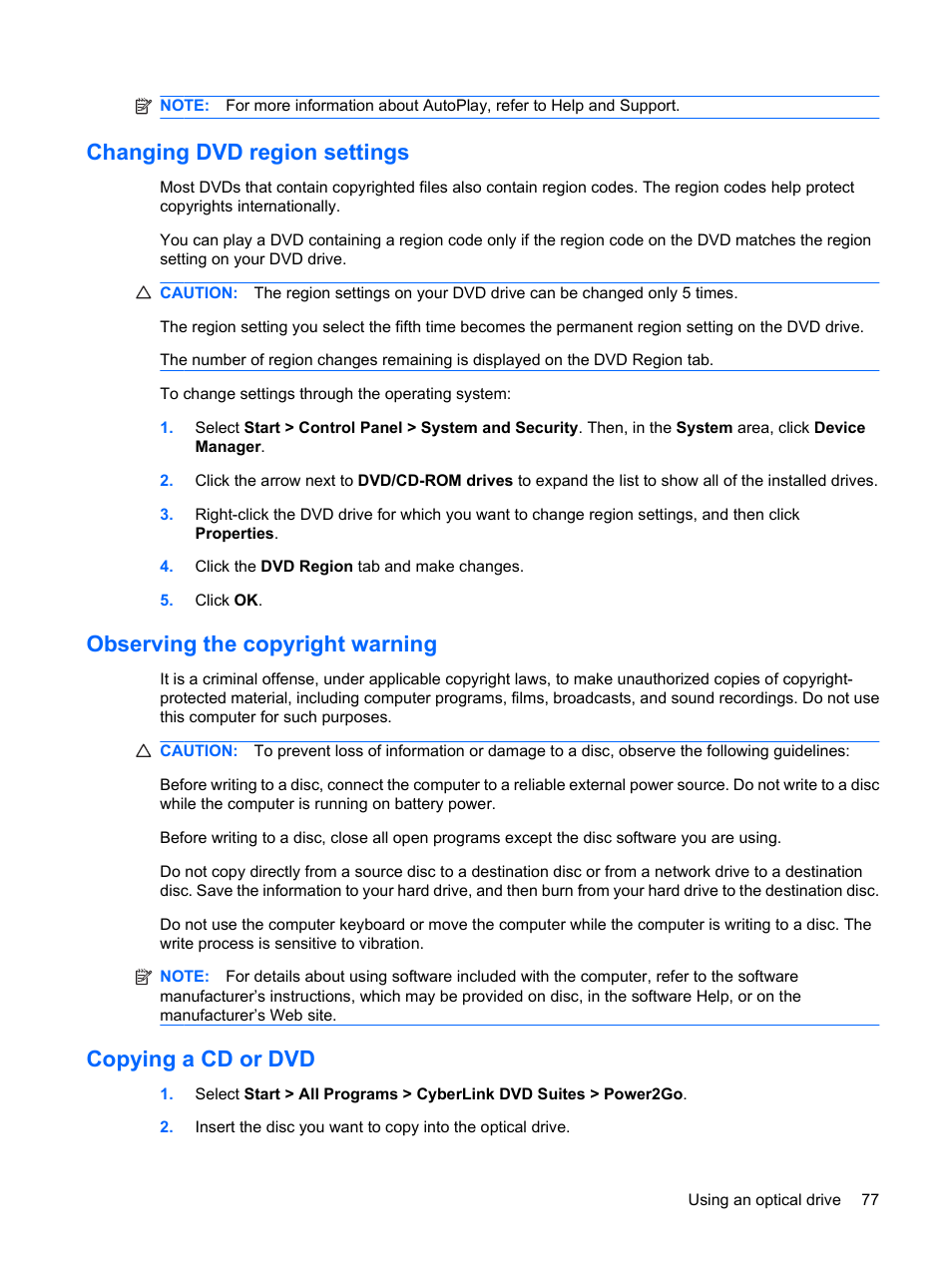 Changing dvd region settings, Observing the copyright warning, Copying a cd or dvd | HP Pavilion dv3-2202tu Entertainment Notebook PC User Manual | Page 87 / 138