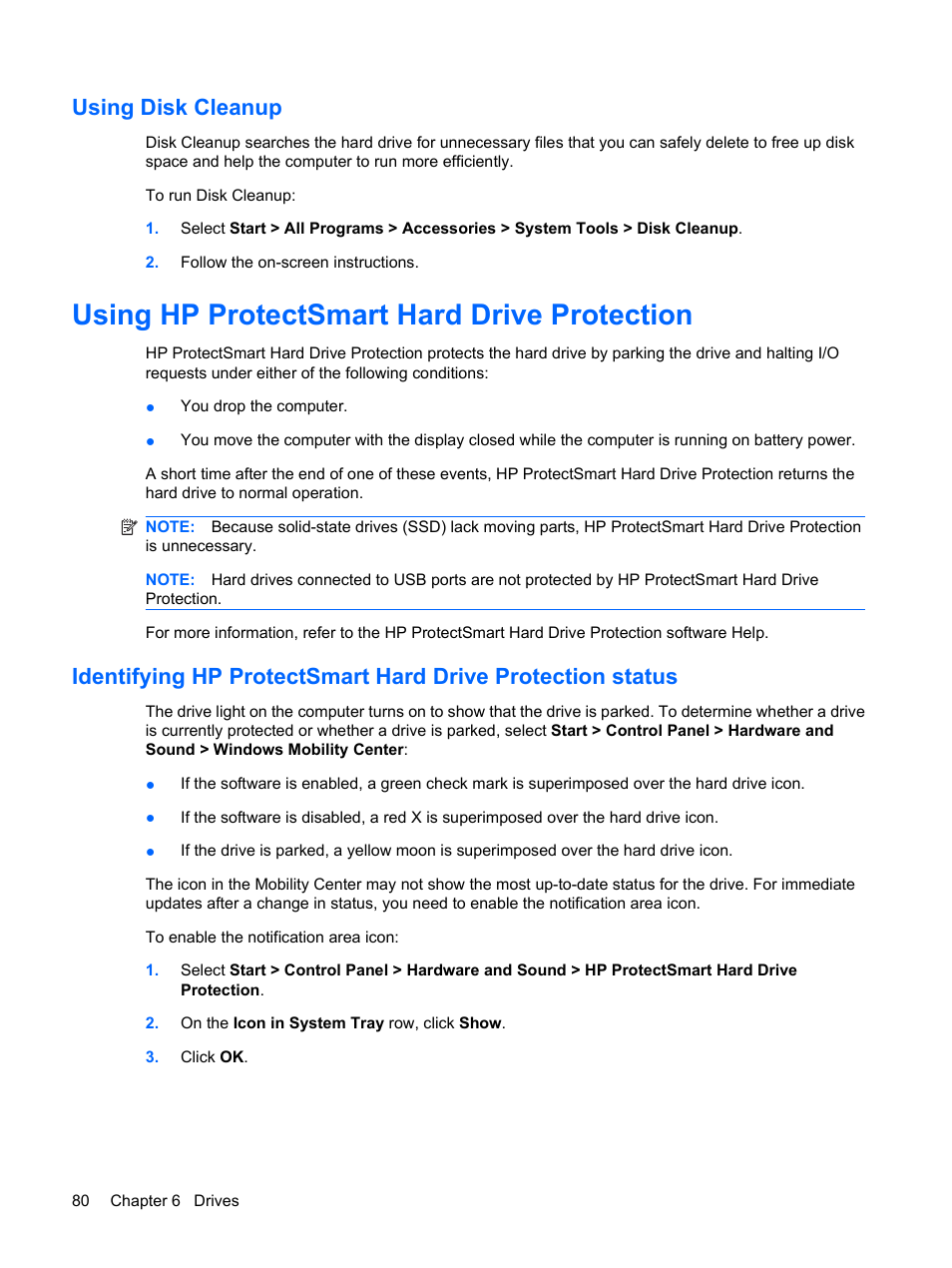 Using disk cleanup, Using hp protectsmart hard drive protection | HP Pavilion dv3-2202tu Entertainment Notebook PC User Manual | Page 90 / 138