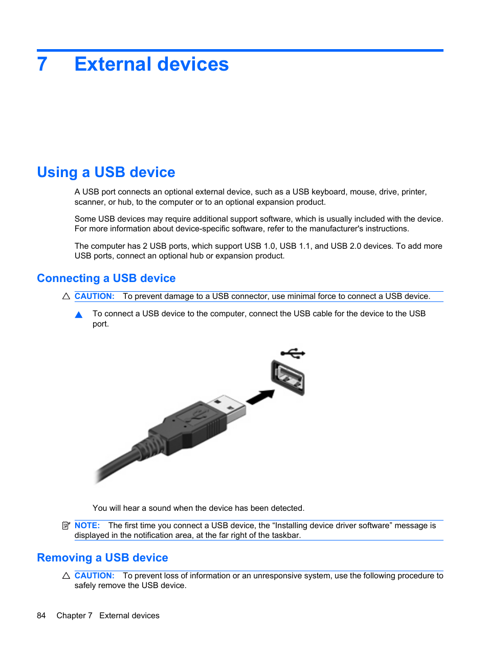 External devices, Using a usb device, Connecting a usb device | Removing a usb device, 7 external devices, Connecting a usb device removing a usb device, 7external devices | HP Pavilion dv3-2202tu Entertainment Notebook PC User Manual | Page 94 / 138