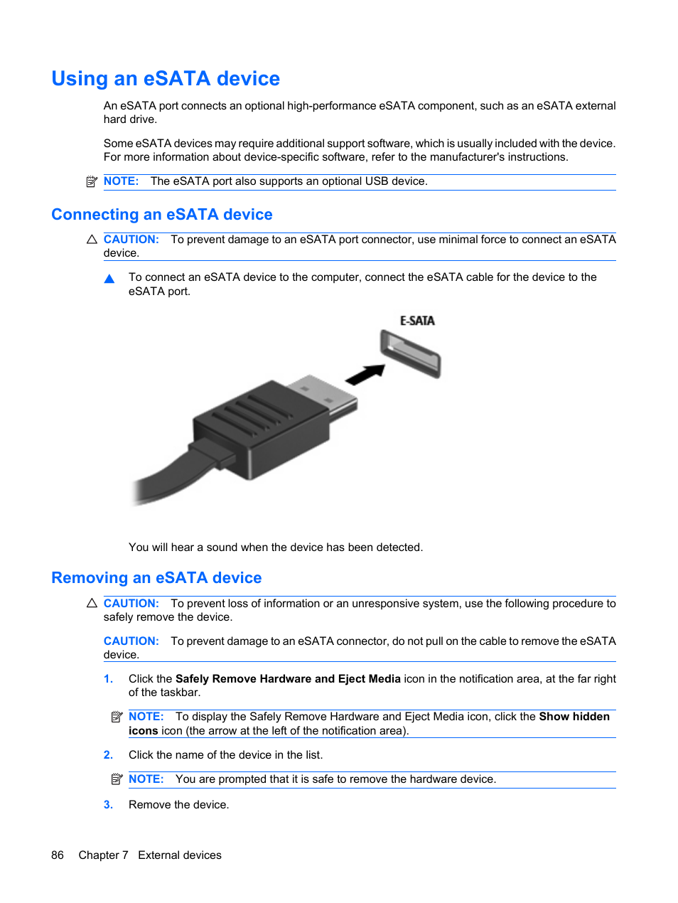 Using an esata device, Connecting an esata device, Removing an esata device | HP Pavilion dv3-2202tu Entertainment Notebook PC User Manual | Page 96 / 138