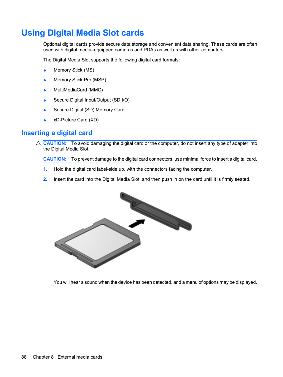 Using digital media slot cards, Inserting a digital card | HP Pavilion dv3-2202tu Entertainment Notebook PC User Manual | Page 98 / 138