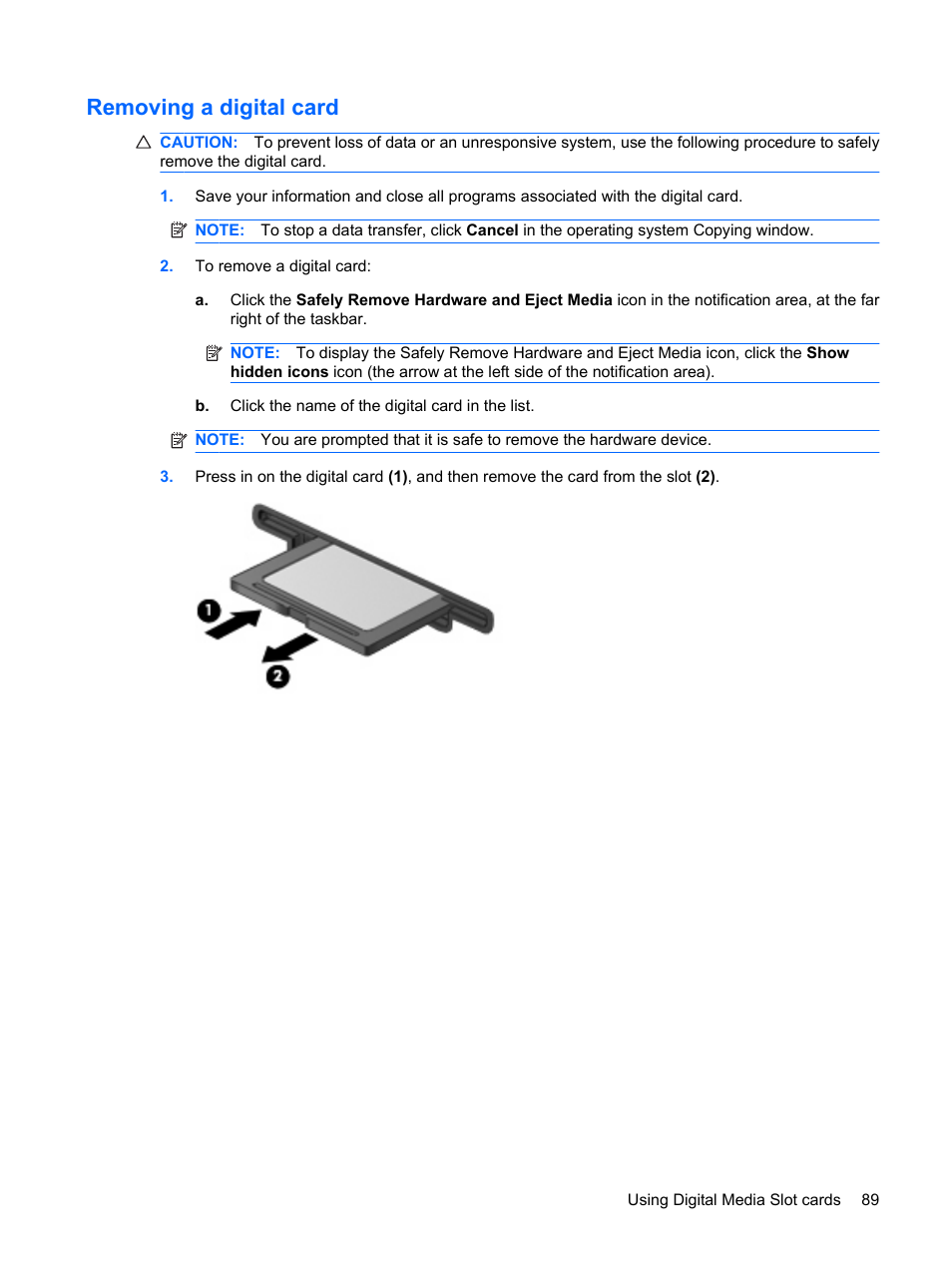 Removing a digital card | HP Pavilion dv3-2202tu Entertainment Notebook PC User Manual | Page 99 / 138