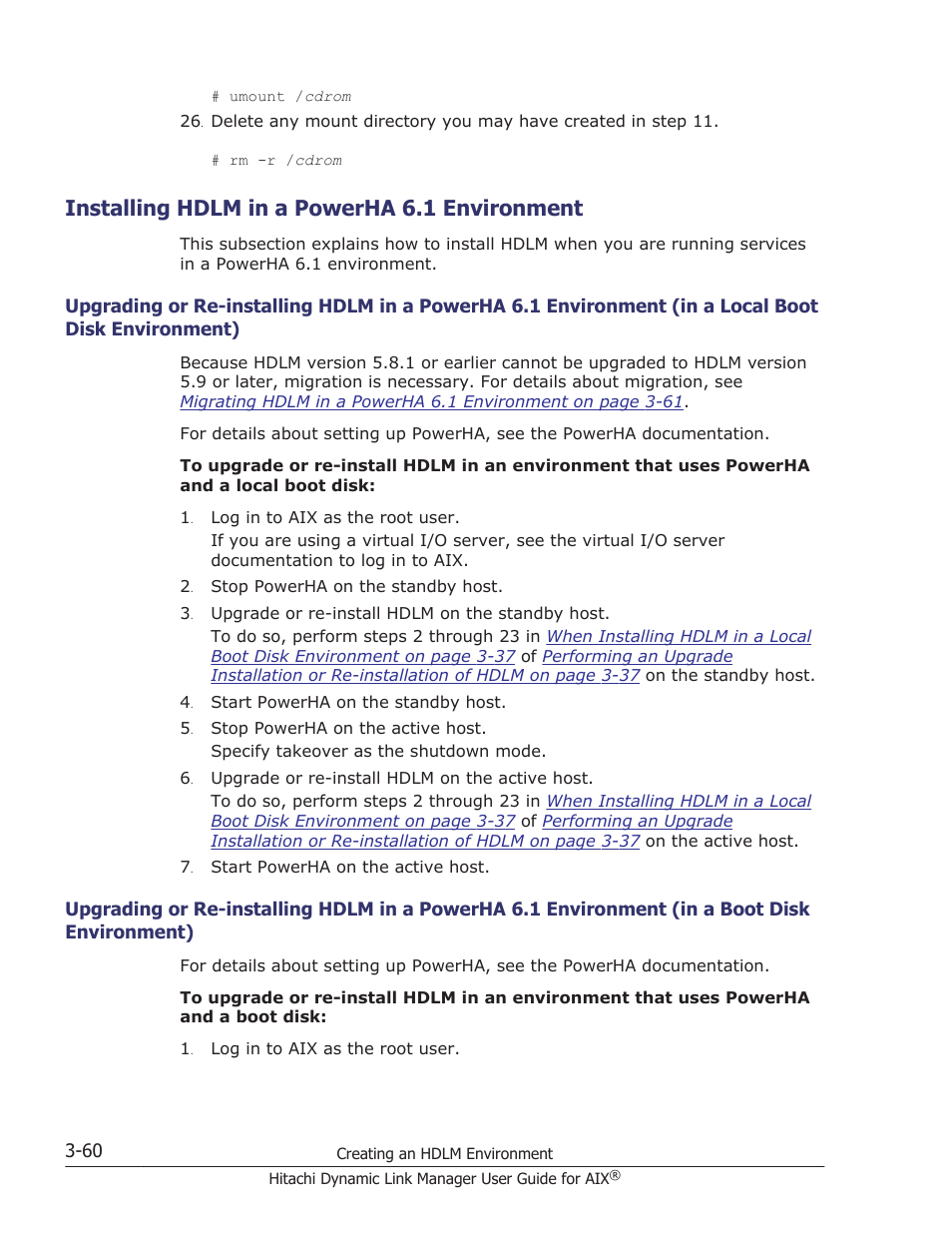 Installing hdlm in a powerha 6.1 environment, Installing hdlm in a powerha 6.1 environment -60, Boot disk environment) -60 | Disk environment) -60, Installing hdlm in a | HP XP P9500 Storage User Manual | Page 126 / 494