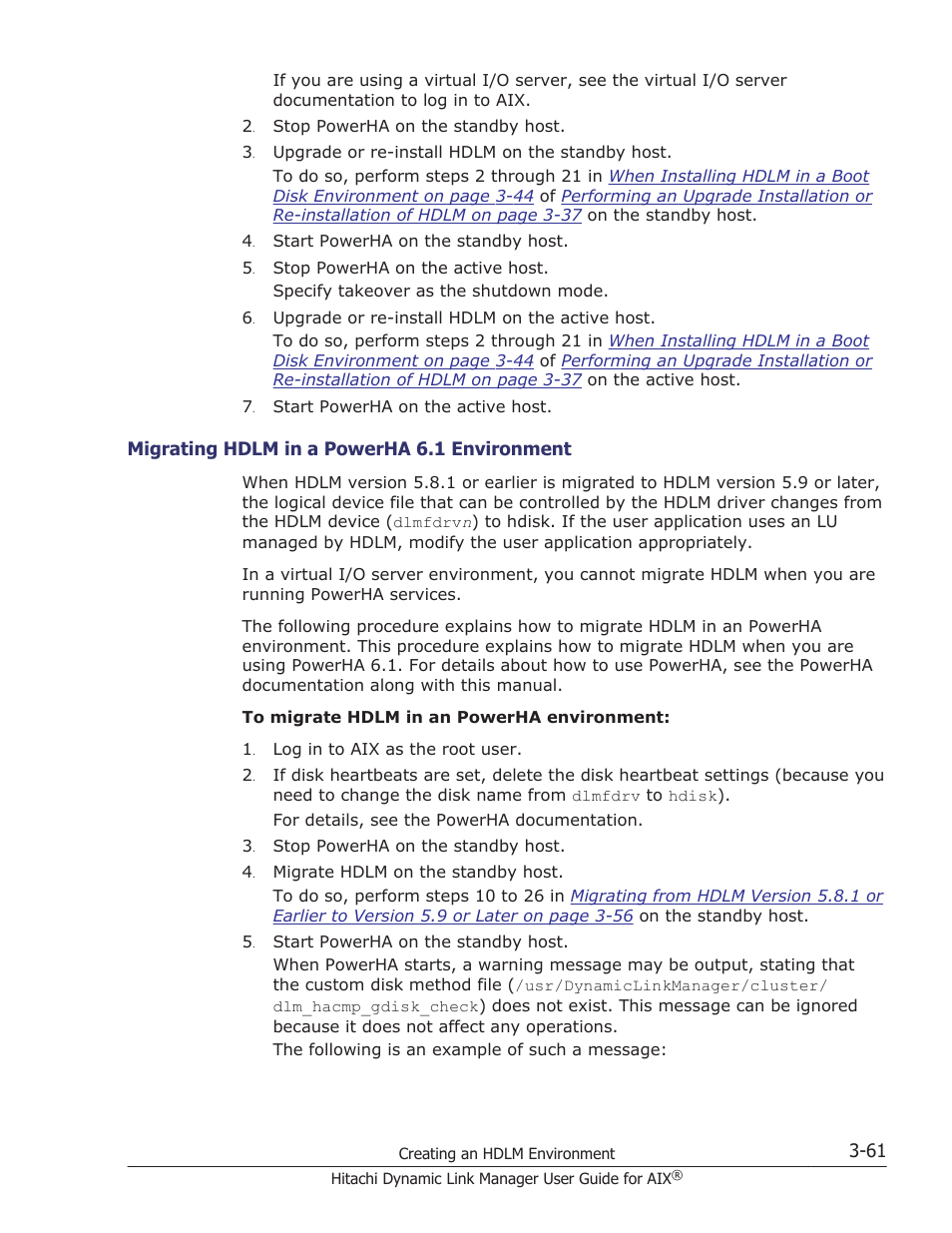 Migrating hdlm in a powerha 6.1 environment -61 | HP XP P9500 Storage User Manual | Page 127 / 494