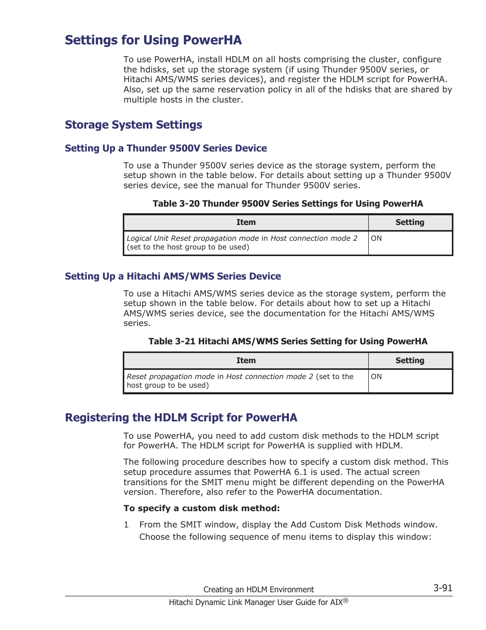 Settings for using powerha, Storage system settings, Registering the hdlm script for powerha | Settings for using powerha -91, Storage system settings -91, Setting up a thunder 9500v series device -91, Setting up a hitachi ams/wms series device -91, Registering the hdlm script for powerha -91, For powerha, Settings for using powerha on | HP XP P9500 Storage User Manual | Page 157 / 494