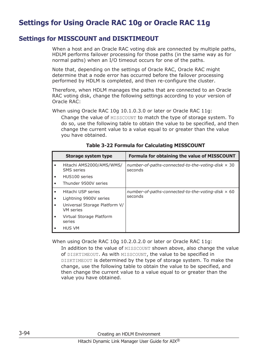 Settings for misscount and disktimeout, Settings for misscount and disktimeout -94, For oracle rac 10g or oracle rac 11g | Settings for using oracle rac 10g | HP XP P9500 Storage User Manual | Page 160 / 494
