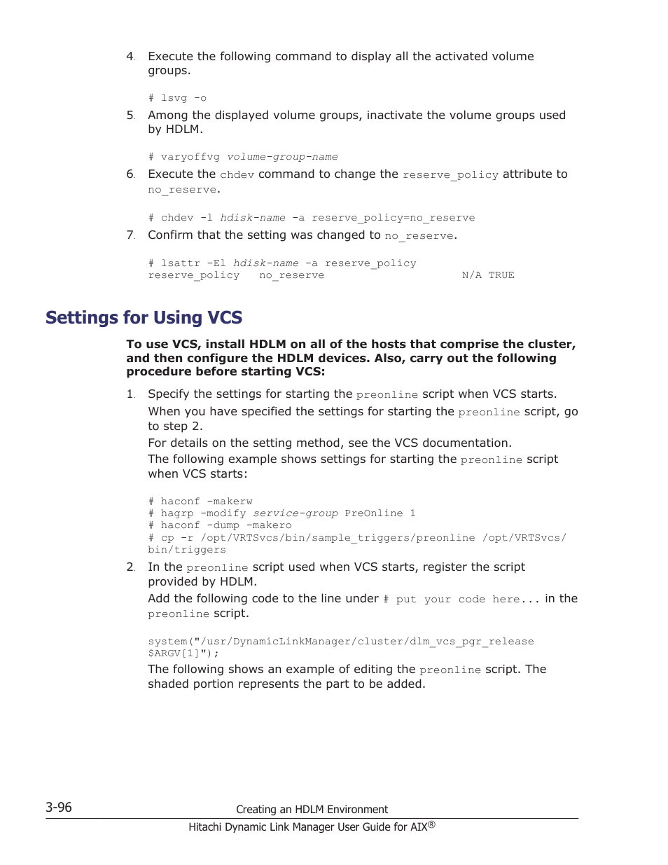 Settings for using vcs, Settings for using vcs -96, For vcs | HP XP P9500 Storage User Manual | Page 162 / 494