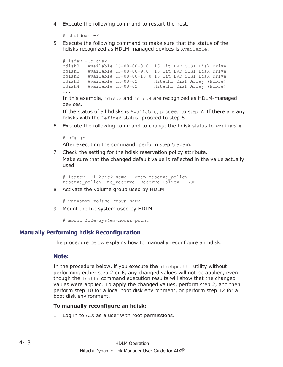 Manually performing hdisk reconfiguration -18, Manually performing hdisk reconfiguration | HP XP P9500 Storage User Manual | Page 190 / 494
