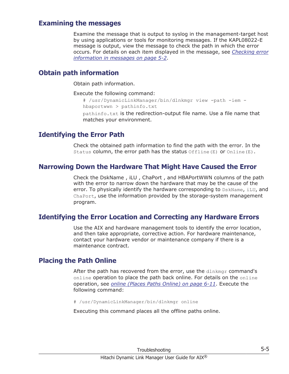 Examining the messages, Obtain path information, Identifying the error path | Placing the path online, Examining the messages -5, Obtain path information -5, Identifying the error path -5, Placing the path online -5 | HP XP P9500 Storage User Manual | Page 209 / 494