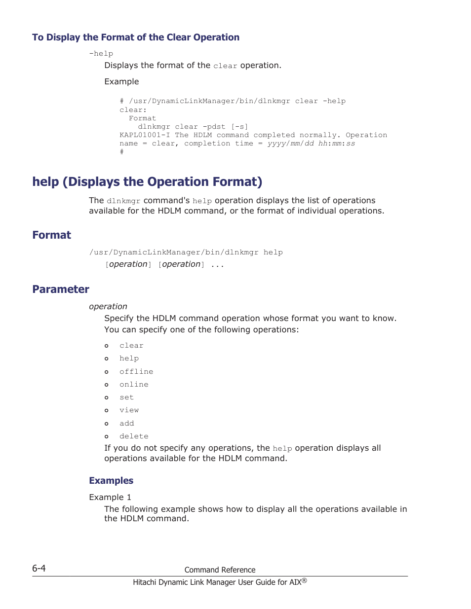 Help (displays the operation format), Format, Parameter | To display the format of the clear operation -4, Help (displays the operation format) -4, Format -4, Parameter -4, Help | HP XP P9500 Storage User Manual | Page 216 / 494