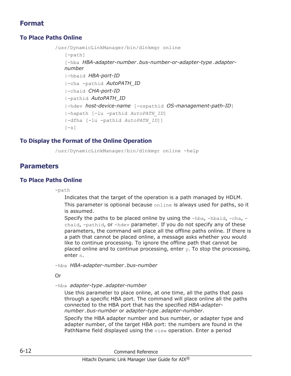 Format, Parameters, Format -12 | To place paths online -12, To display the format of the online operation -12, Parameters -12 | HP XP P9500 Storage User Manual | Page 224 / 494