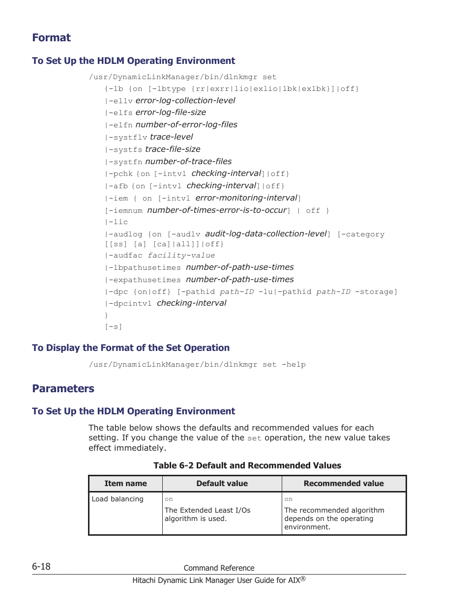 Format, Parameters, Format -18 | To set up the hdlm operating environment -18, To display the format of the set operation -18, Parameters -18 | HP XP P9500 Storage User Manual | Page 230 / 494
