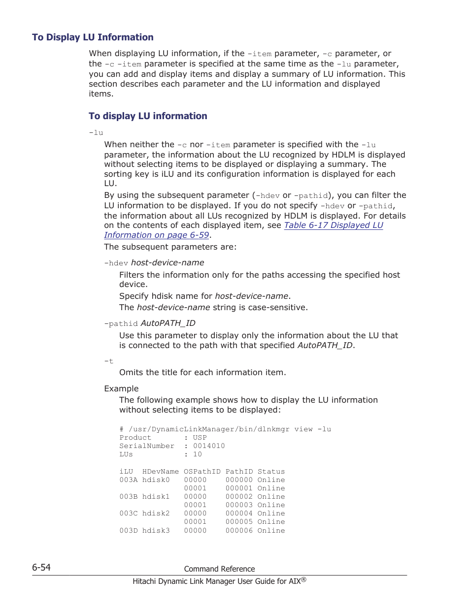 To display lu information -54, Device name and os management path id, see, To display lu information | HP XP P9500 Storage User Manual | Page 266 / 494