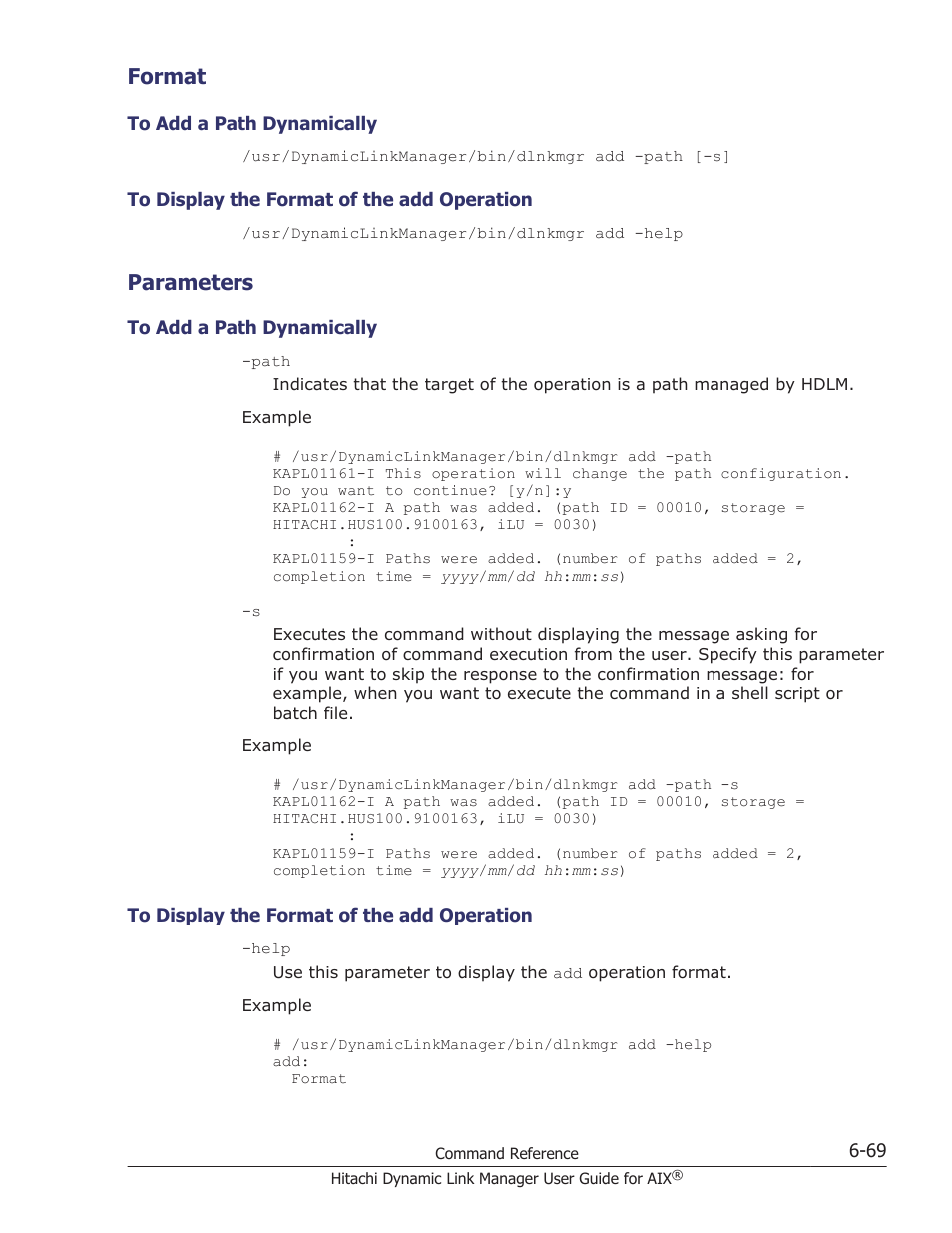 Format, Parameters, Format -69 | To add a path dynamically -69, To display the format of the add operation -69, Parameters -69 | HP XP P9500 Storage User Manual | Page 281 / 494