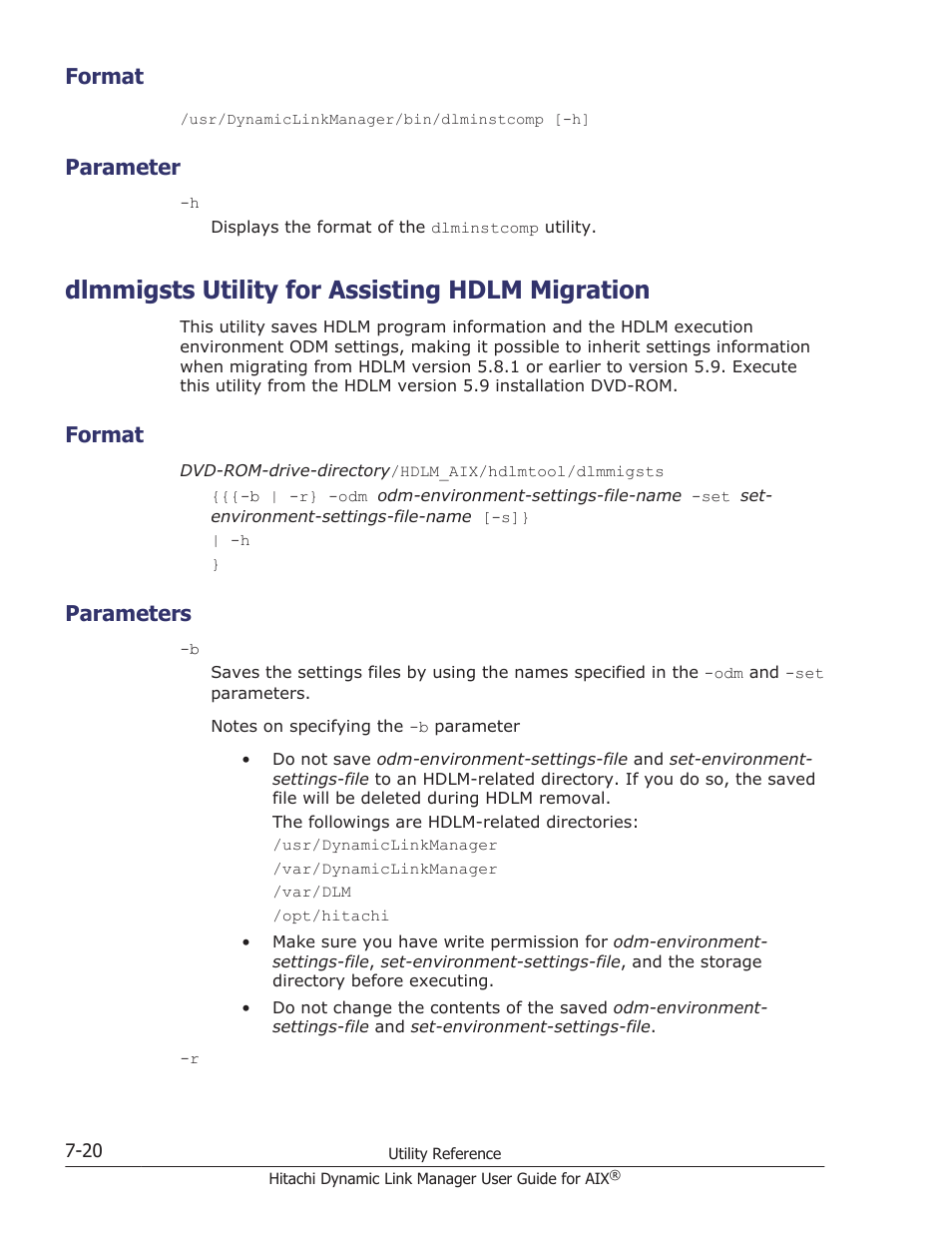 Format, Parameter, Dlmmigsts utility for assisting hdlm migration | Parameters, Format -20, Parameter -20, Dlmmigsts utility for assisting hdlm migration -20, Parameters -20, Settings. for details about this utility, see, Dlmmigsts utility for assisting | HP XP P9500 Storage User Manual | Page 304 / 494