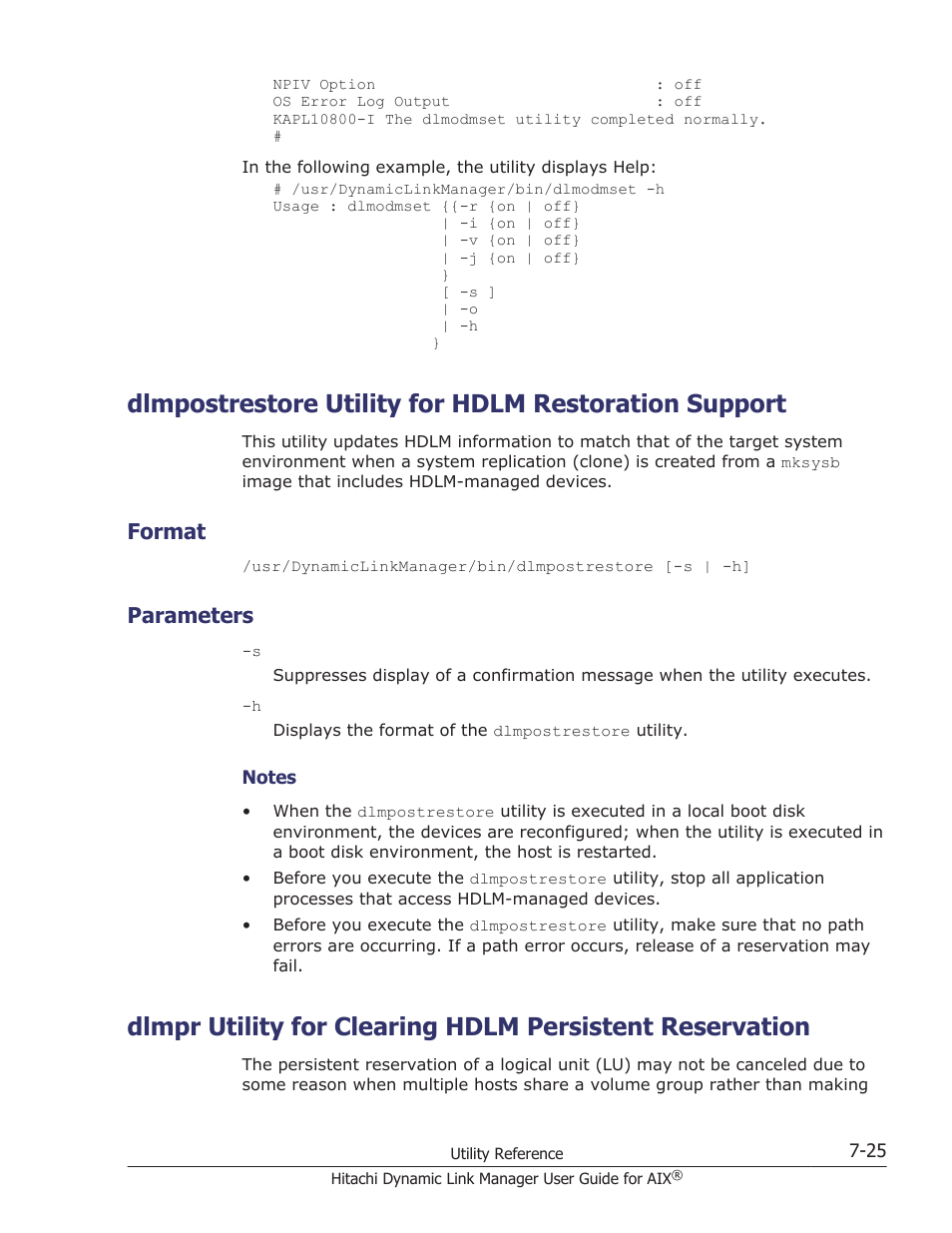 Format, Parameters, Format -25 | Parameters -25, Dlmpr utility for, Utility, see, Dlmpostrestore utility for, Dlmpostrestore utility, Dlmpr utility for clearing hdlm persistent | HP XP P9500 Storage User Manual | Page 309 / 494