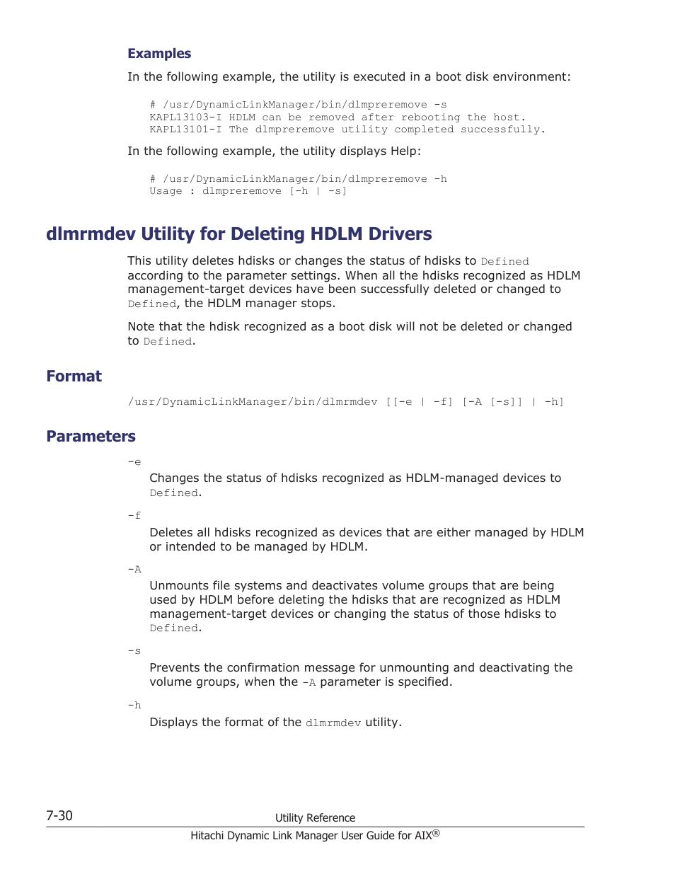 Dlmrmdev utility for deleting hdlm drivers, Format, Parameters | Dlmrmdev utility for deleting hdlm drivers -30, Format -30, Parameters -30, Utility, see, Dlmrmdev utility for deleting | HP XP P9500 Storage User Manual | Page 314 / 494