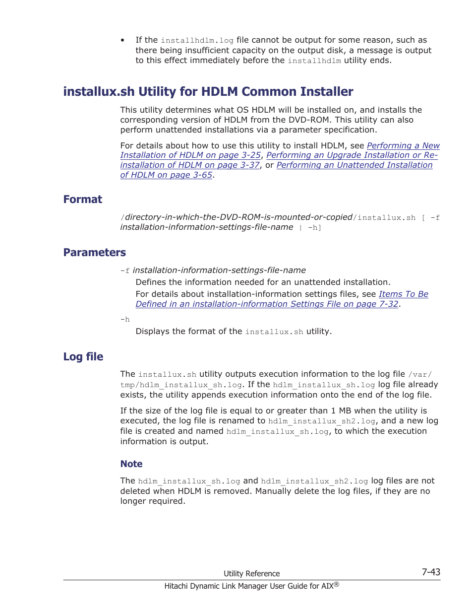 Installux.sh utility for hdlm common installer, Format, Parameters | Log file, Installux.sh utility for hdlm common installer -43, Format -43, Parameters -43, Log file -43 | HP XP P9500 Storage User Manual | Page 327 / 494