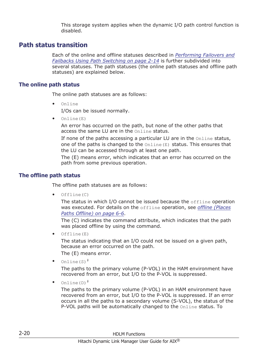 Path status transition, Path status transition -20, The online path status -20 | The offline path status -20, Path | HP XP P9500 Storage User Manual | Page 42 / 494