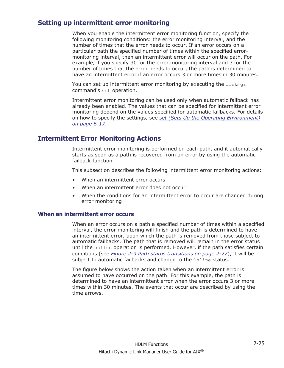 Setting up intermittent error monitoring, Intermittent error monitoring actions, Setting up intermittent error monitoring -25 | Intermittent error monitoring actions -25, When an intermittent error occurs -25 | HP XP P9500 Storage User Manual | Page 47 / 494