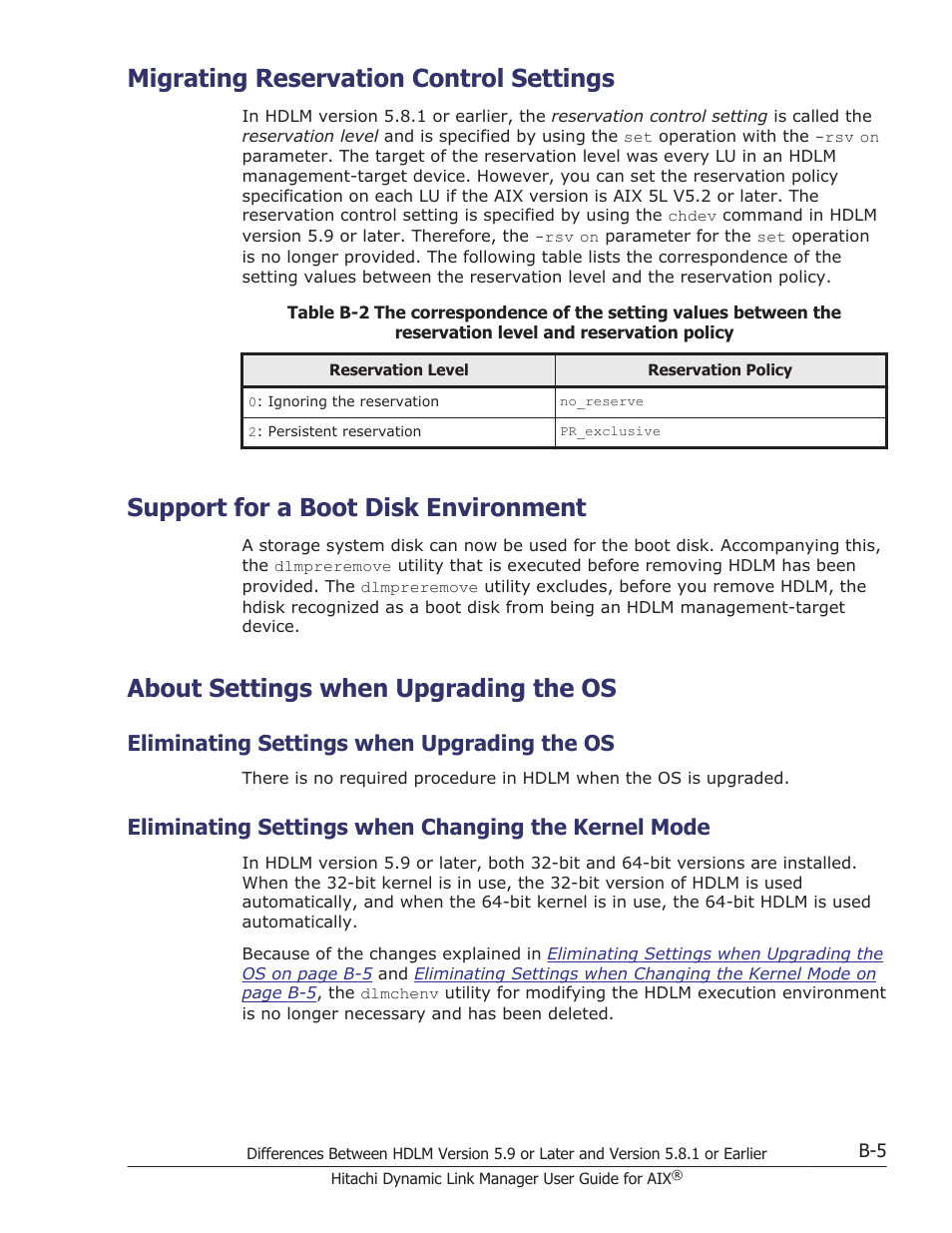 Migrating reservation control settings, Support for a boot disk environment, About settings when upgrading the os | Eliminating settings when upgrading the os, Eliminating settings when changing the kernel mode | HP XP P9500 Storage User Manual | Page 471 / 494