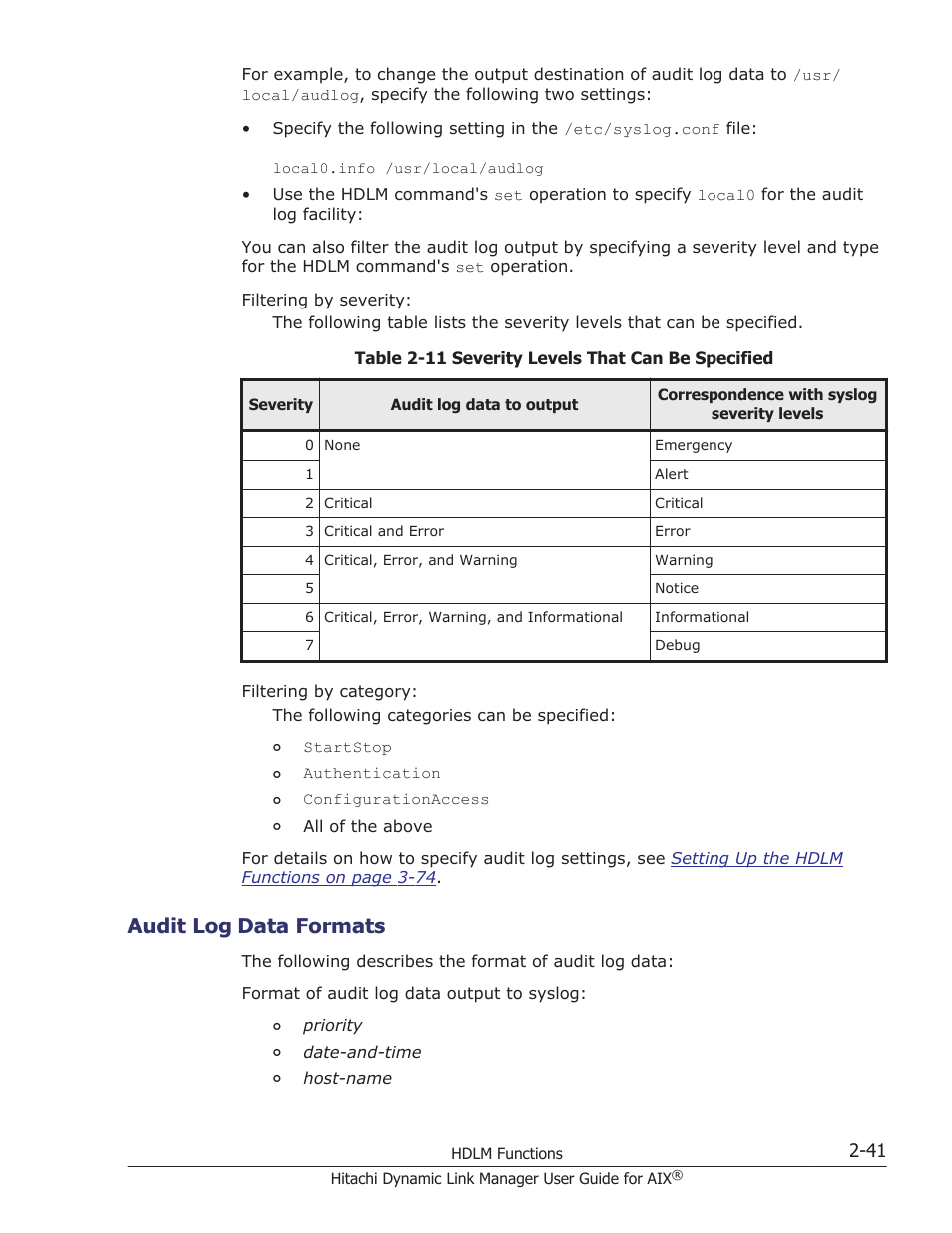 Audit log data formats, Audit log data formats -41 | HP XP P9500 Storage User Manual | Page 63 / 494