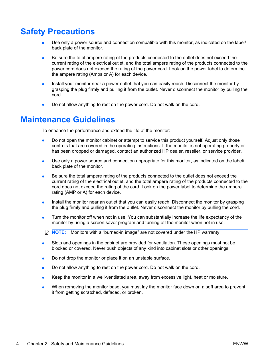 Safety precautions, Maintenance guidelines, Safety precautions maintenance guidelines | HP 2310e 23 inch Diagonal LCD Monitor User Manual | Page 10 / 38