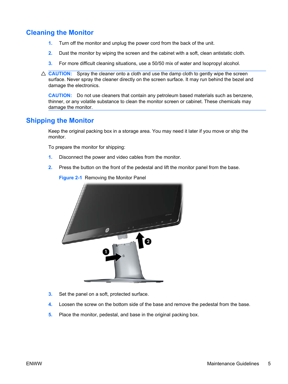 Cleaning the monitor, Shipping the monitor, Cleaning the monitor shipping the monitor | HP 2310e 23 inch Diagonal LCD Monitor User Manual | Page 11 / 38