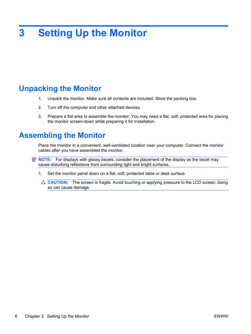 Setting up the monitor, Unpacking the monitor, Assembling the monitor | 3 setting up the monitor, Unpacking the monitor assembling the monitor, 3setting up the monitor | HP 2310e 23 inch Diagonal LCD Monitor User Manual | Page 12 / 38