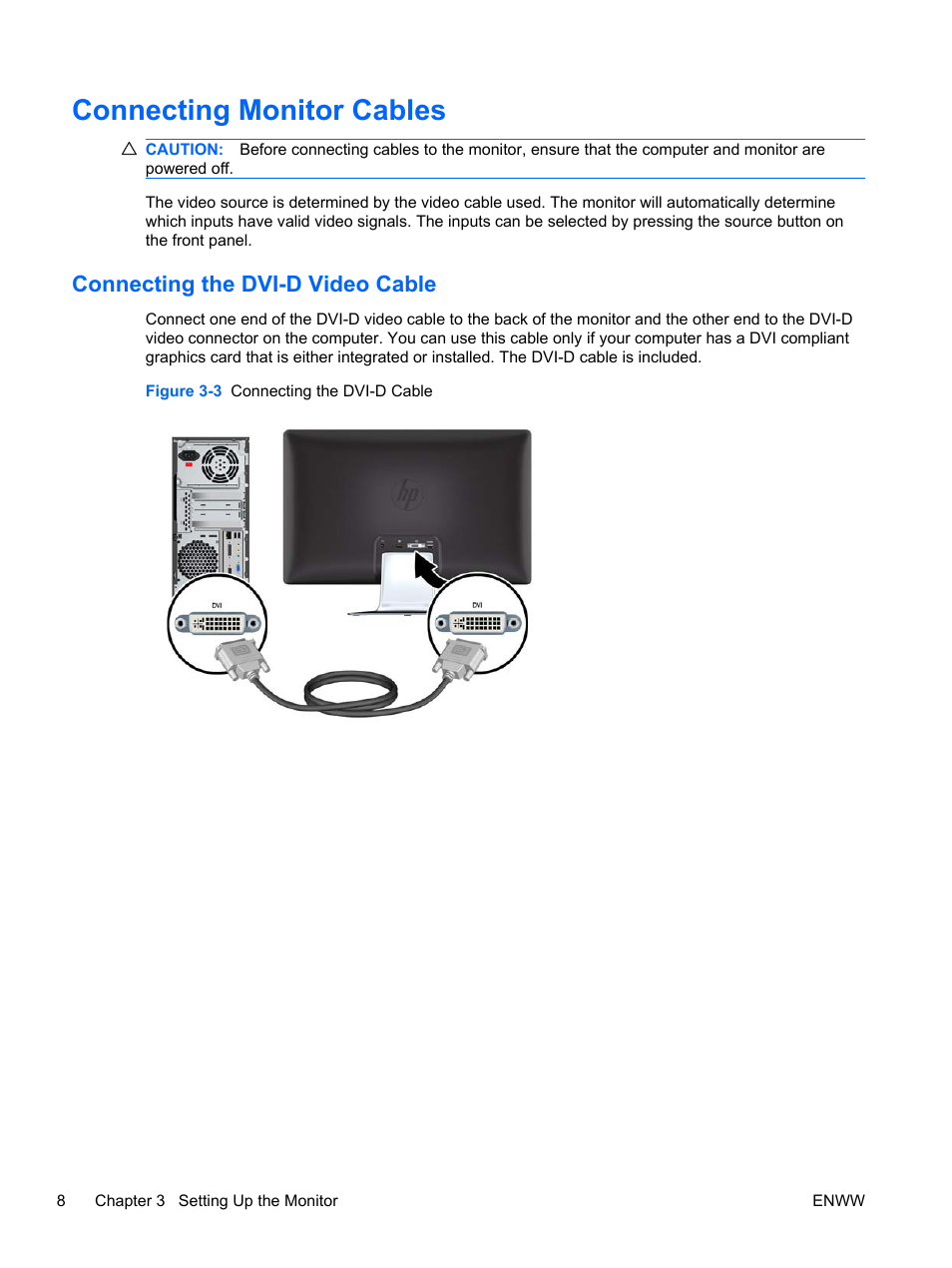 Connecting monitor cables, Connecting the dvi-d video cable | HP 2310e 23 inch Diagonal LCD Monitor User Manual | Page 14 / 38