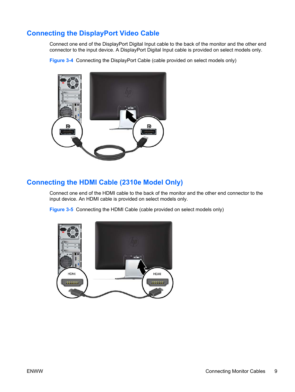 Connecting the displayport video cable, Connecting the hdmi cable (2310e model only) | HP 2310e 23 inch Diagonal LCD Monitor User Manual | Page 15 / 38