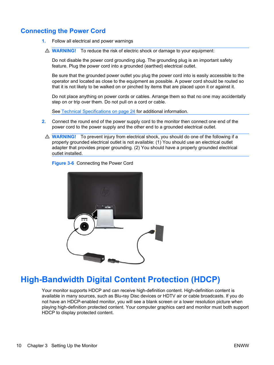 Connecting the power cord, High-bandwidth digital content protection (hdcp) | HP 2310e 23 inch Diagonal LCD Monitor User Manual | Page 16 / 38