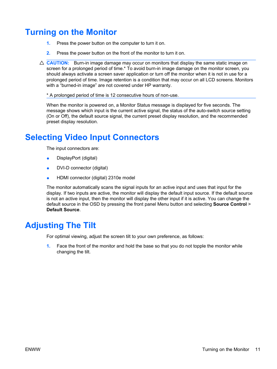 Turning on the monitor, Selecting video input connectors, Adjusting the tilt | HP 2310e 23 inch Diagonal LCD Monitor User Manual | Page 17 / 38