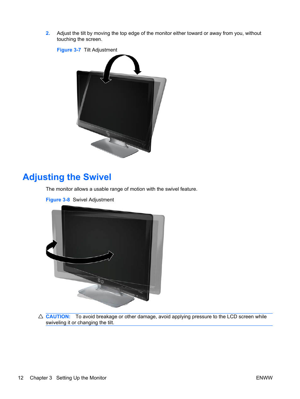 Adjusting the swivel | HP 2310e 23 inch Diagonal LCD Monitor User Manual | Page 18 / 38