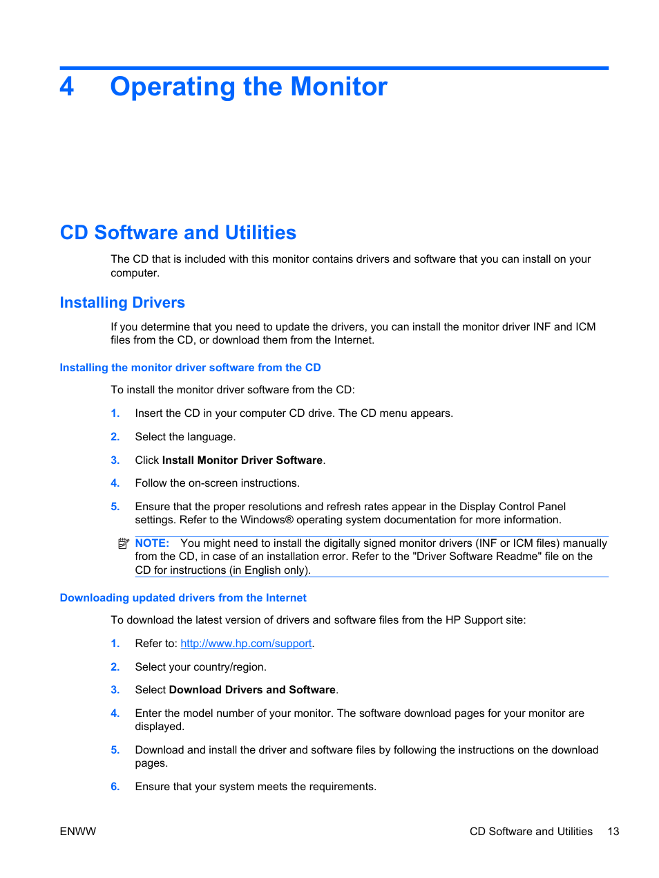 Operating the monitor, Cd software and utilities, Installing drivers | 4 operating the monitor, 4operating the monitor | HP 2310e 23 inch Diagonal LCD Monitor User Manual | Page 19 / 38