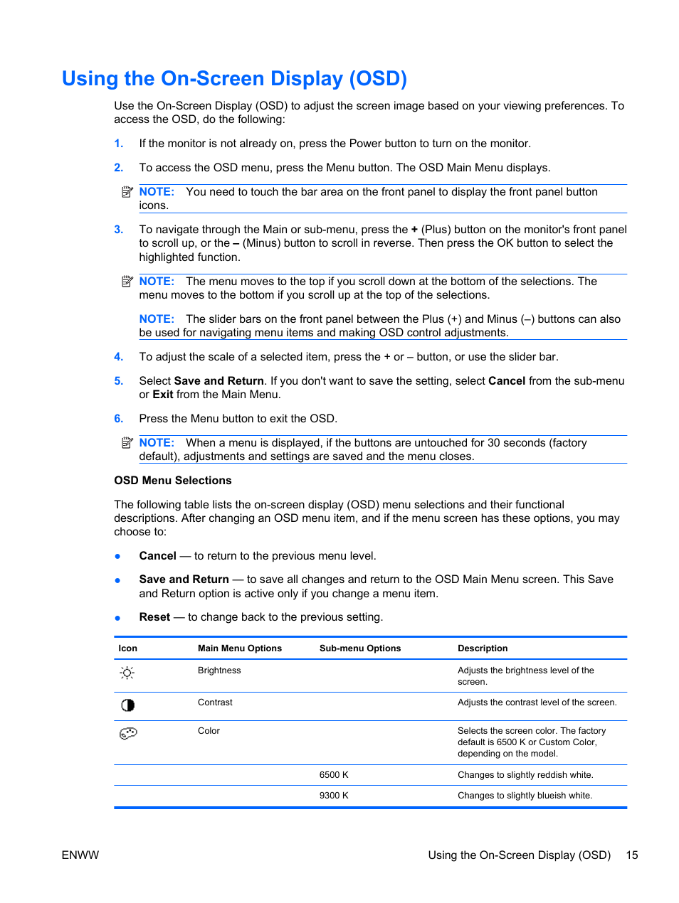 Using the on-screen display (osd) | HP 2310e 23 inch Diagonal LCD Monitor User Manual | Page 21 / 38