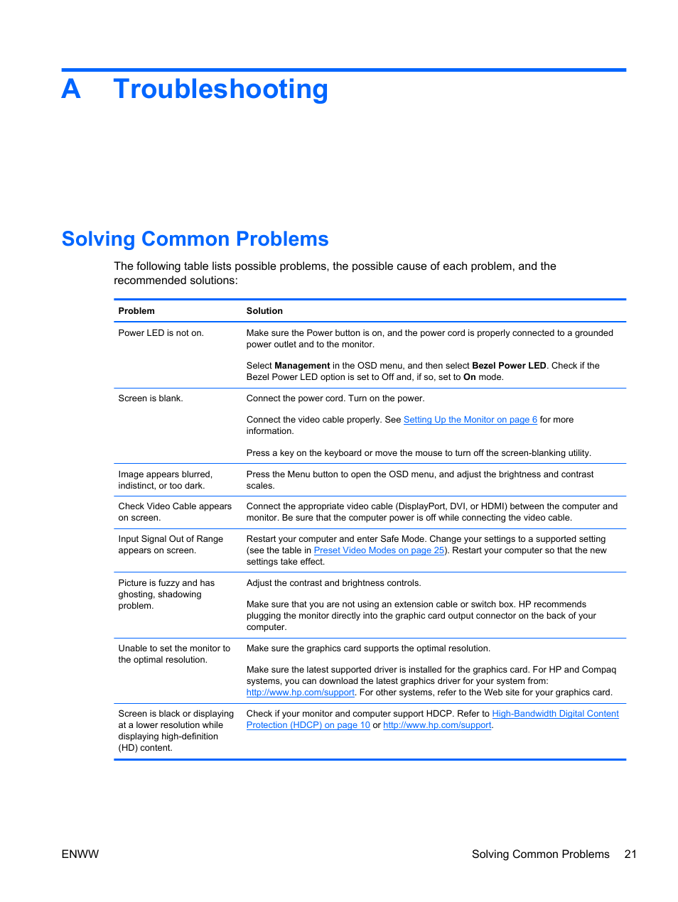 Troubleshooting, Solving common problems, Appendix a troubleshooting | Atroubleshooting | HP 2310e 23 inch Diagonal LCD Monitor User Manual | Page 27 / 38