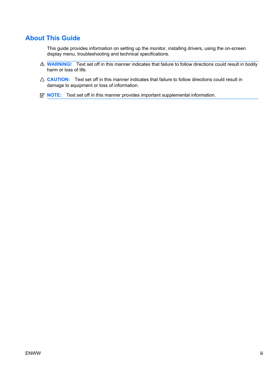 About this guide | HP 2310e 23 inch Diagonal LCD Monitor User Manual | Page 3 / 38