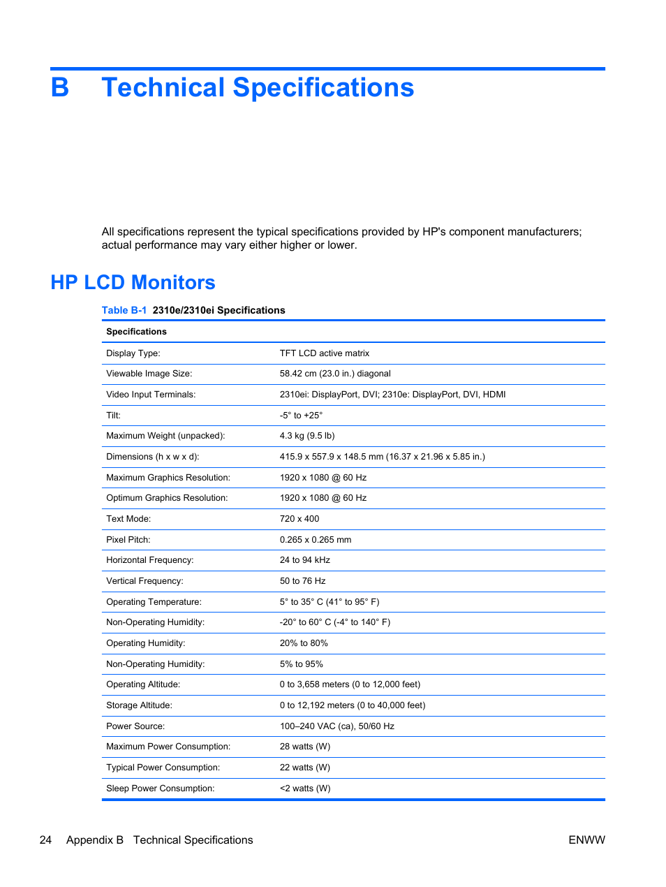 Technical specifications, Hp lcd monitors, Appendix b technical specifications | Btechnical specifications | HP 2310e 23 inch Diagonal LCD Monitor User Manual | Page 30 / 38