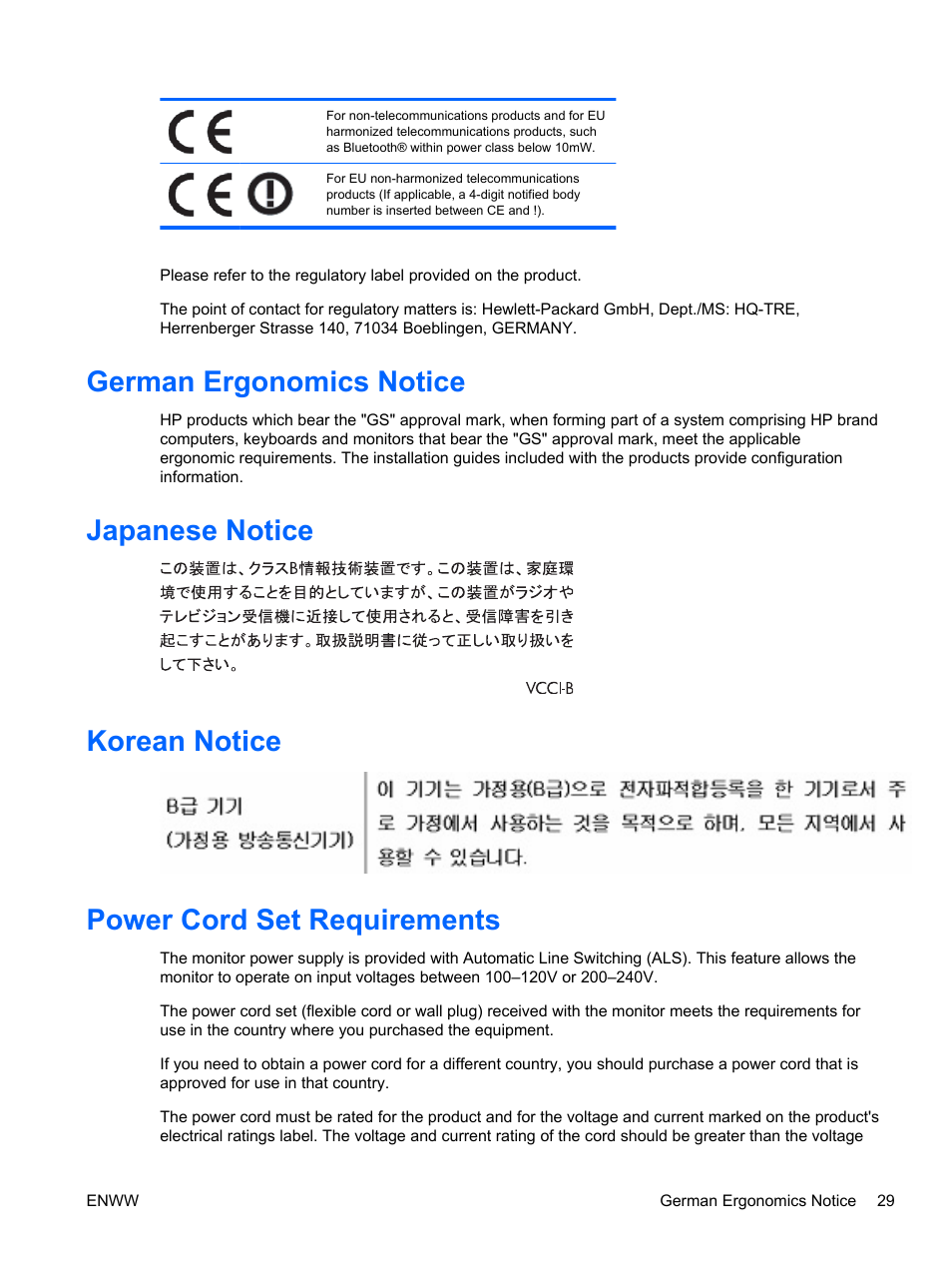 German ergonomics notice, Japanese notice, Korean notice | Power cord set requirements | HP 2310e 23 inch Diagonal LCD Monitor User Manual | Page 35 / 38