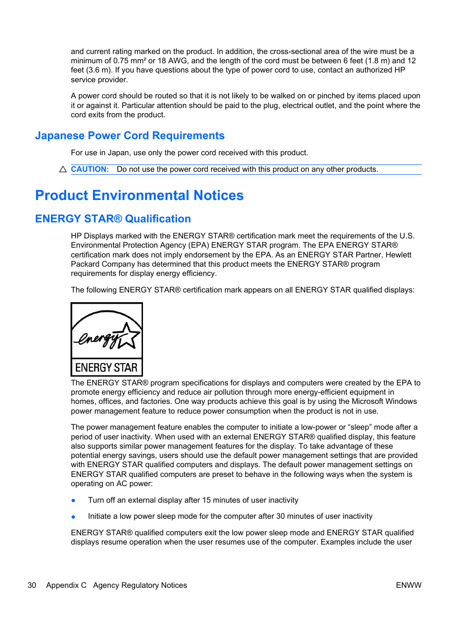 Japanese power cord requirements, Product environmental notices, Energy star® qualification | HP 2310e 23 inch Diagonal LCD Monitor User Manual | Page 36 / 38